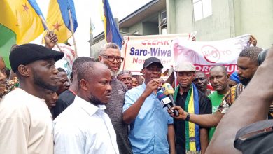President of MOSOP, Fegalo Nsuke, addressing protesters in Bori on March 2, 2025.